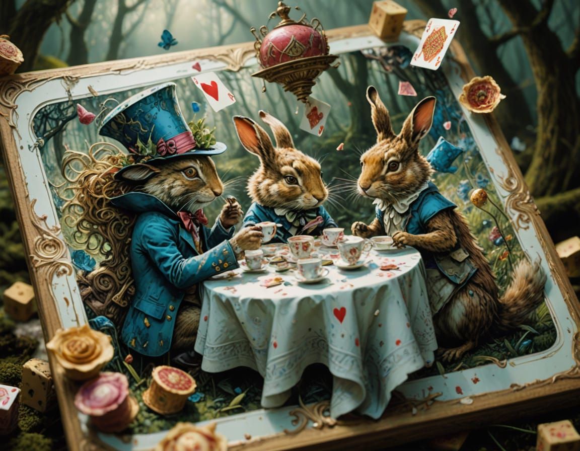 Whimsical Wonderland Tea Party in a 3D Playing Card Realm