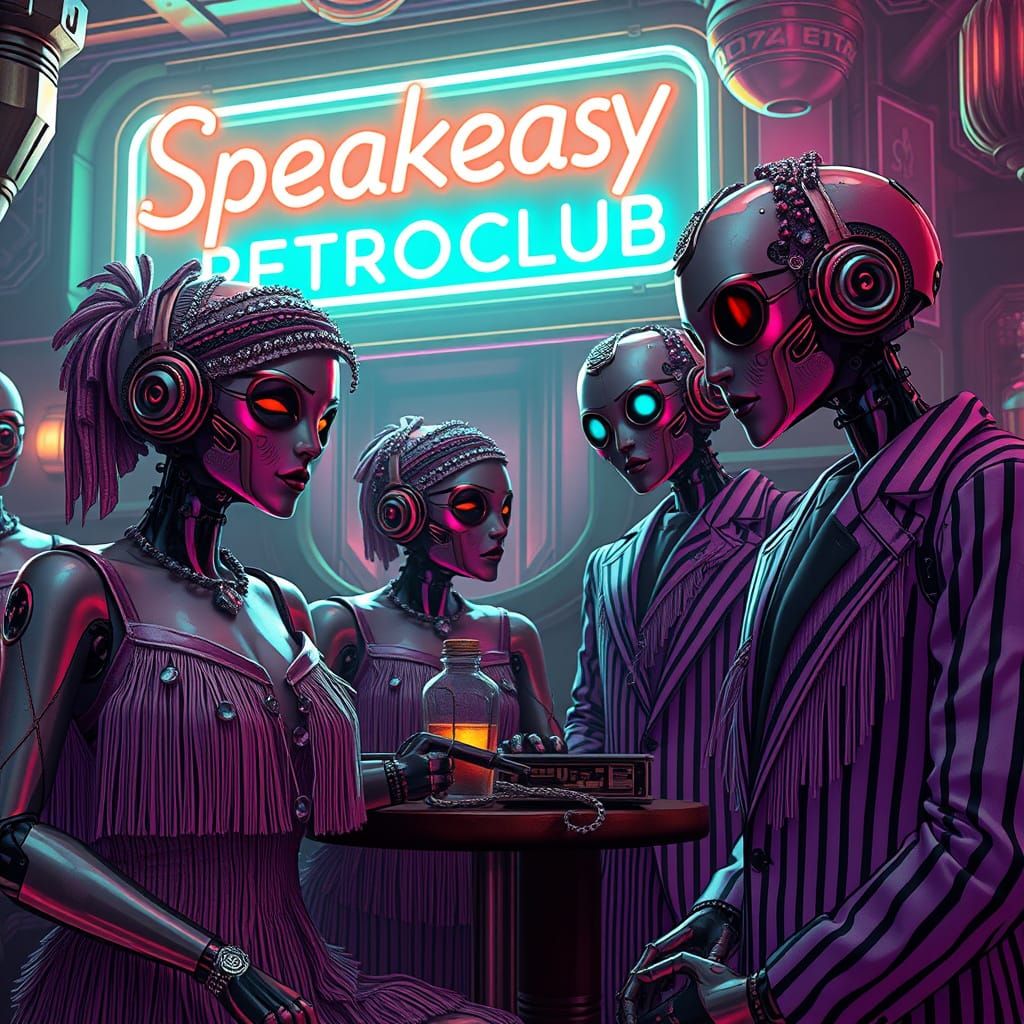 Futuristic Robot Speakeasy in Cyberpunk Style