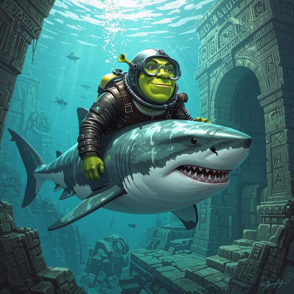 Shrek Shark Rider Exploring Atlantis in Dreamlike Style