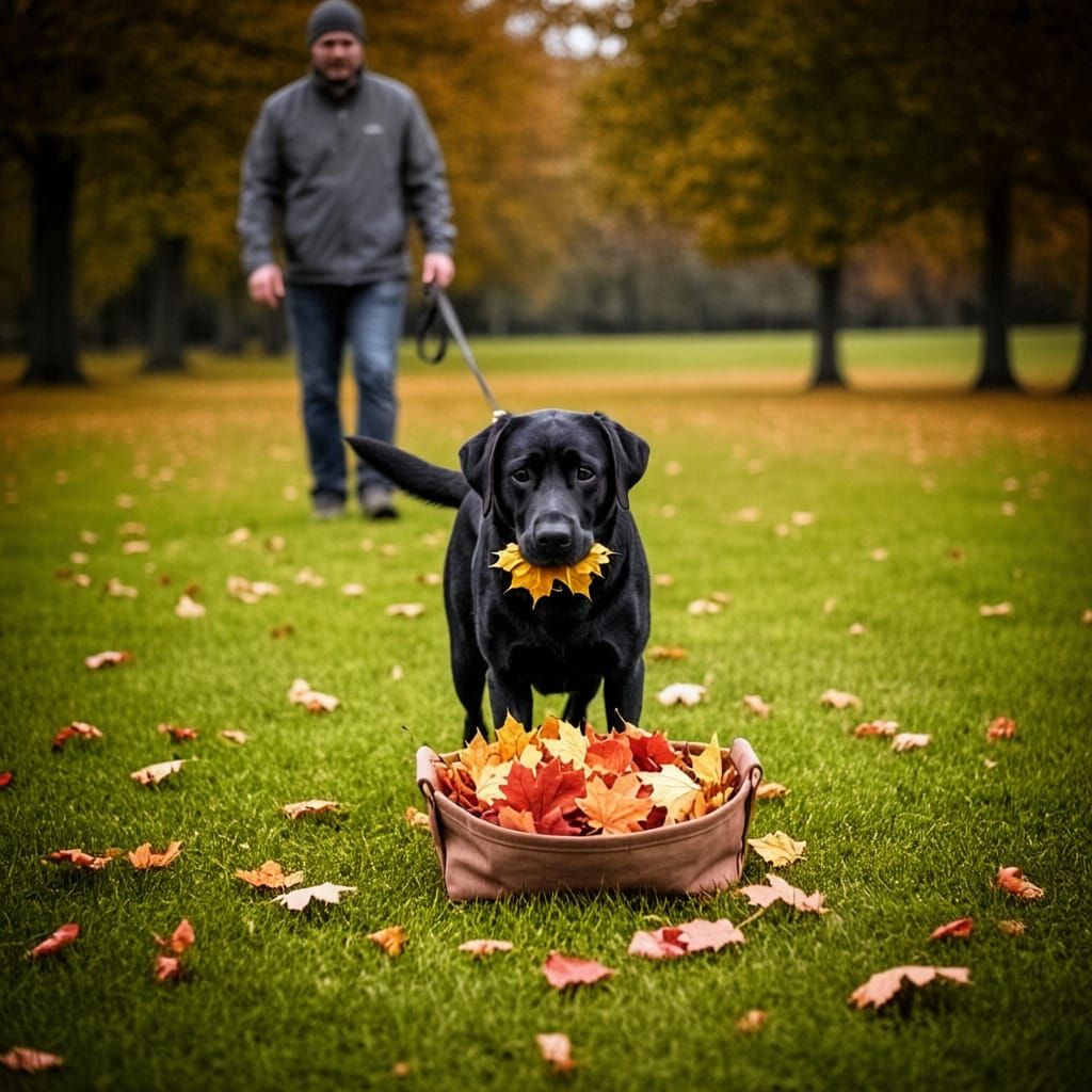 Labrador Dog in Autumn Park with Owner, Black and White
