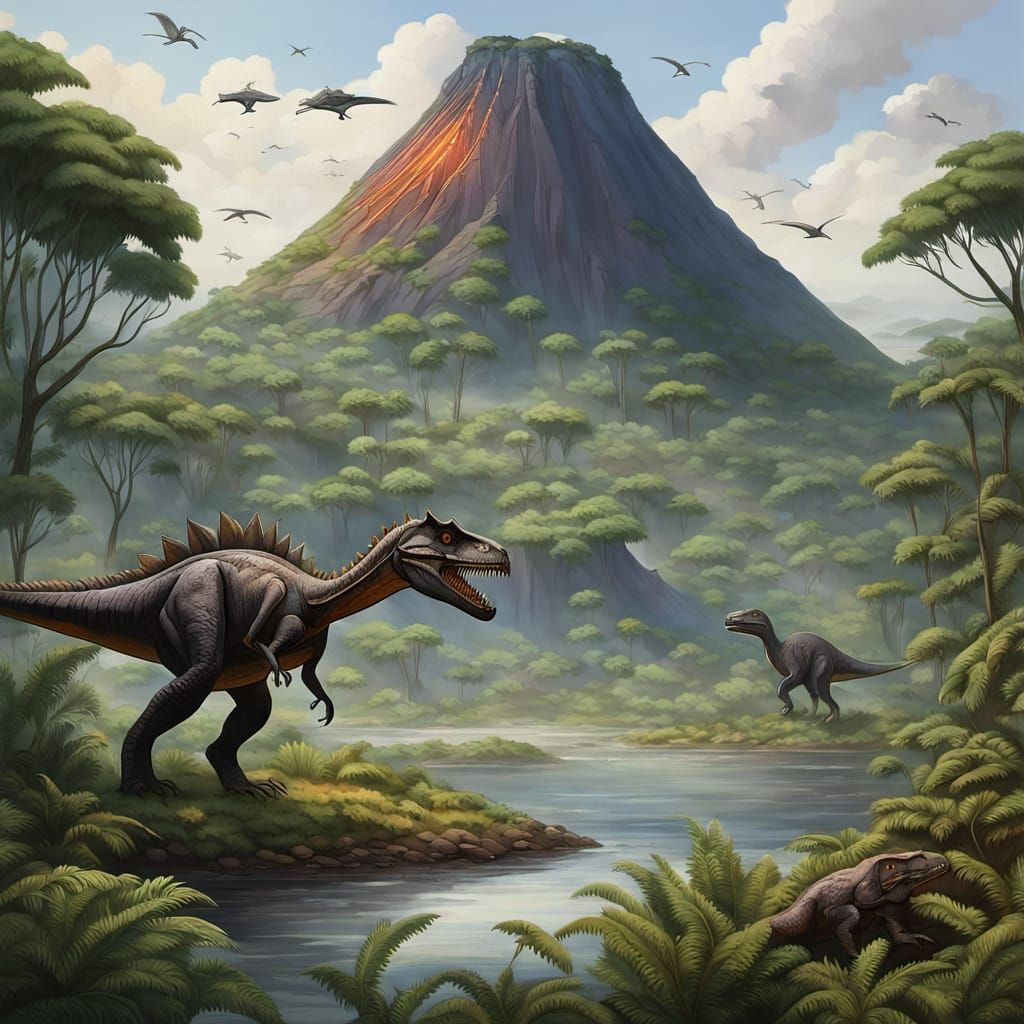 Jurassic Landscape: Volcano Eruption in Paleoart Style