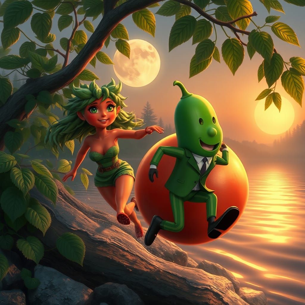 Tomato Chases Cucumber at Moonrise in Hyperrealistic Style