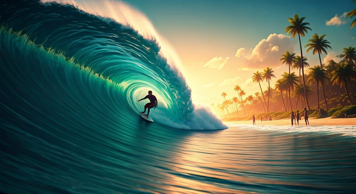 Surfer Rides Crystal-Clear Wave at Sunset in Vibrant 3D