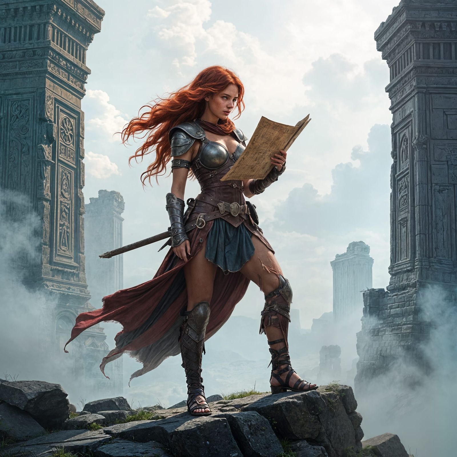 Adventurer Consults Map in Ancient Ruin Mist