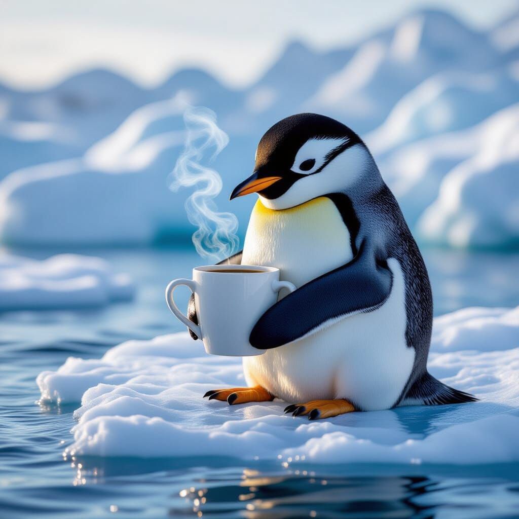 Cute Penguin Enjoys Coffee on Ice Floe