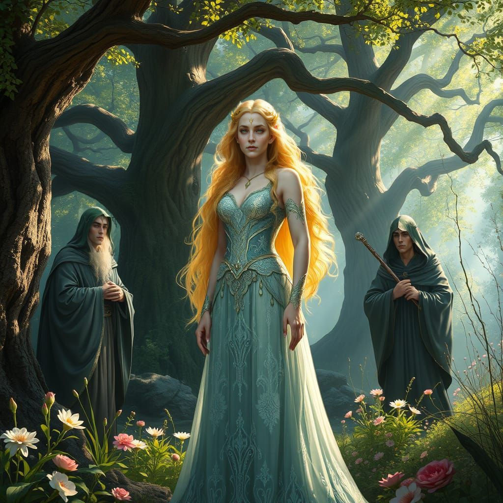 A majestic elven queen with long, flowing golden hair, clad in a gown woven from starlight and moonlight, stands before ...