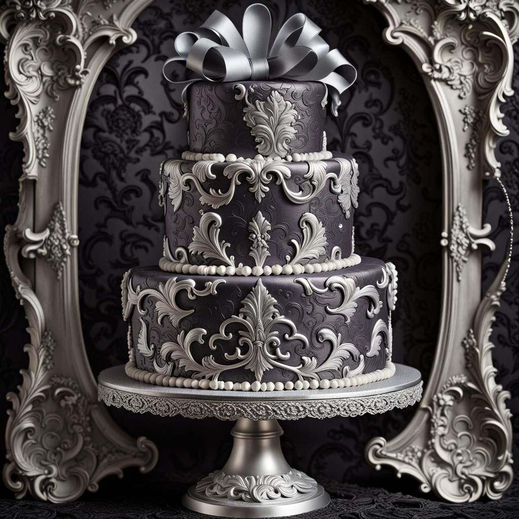 Gothic “50” birthday cake deep color monochromatic baroque brocade