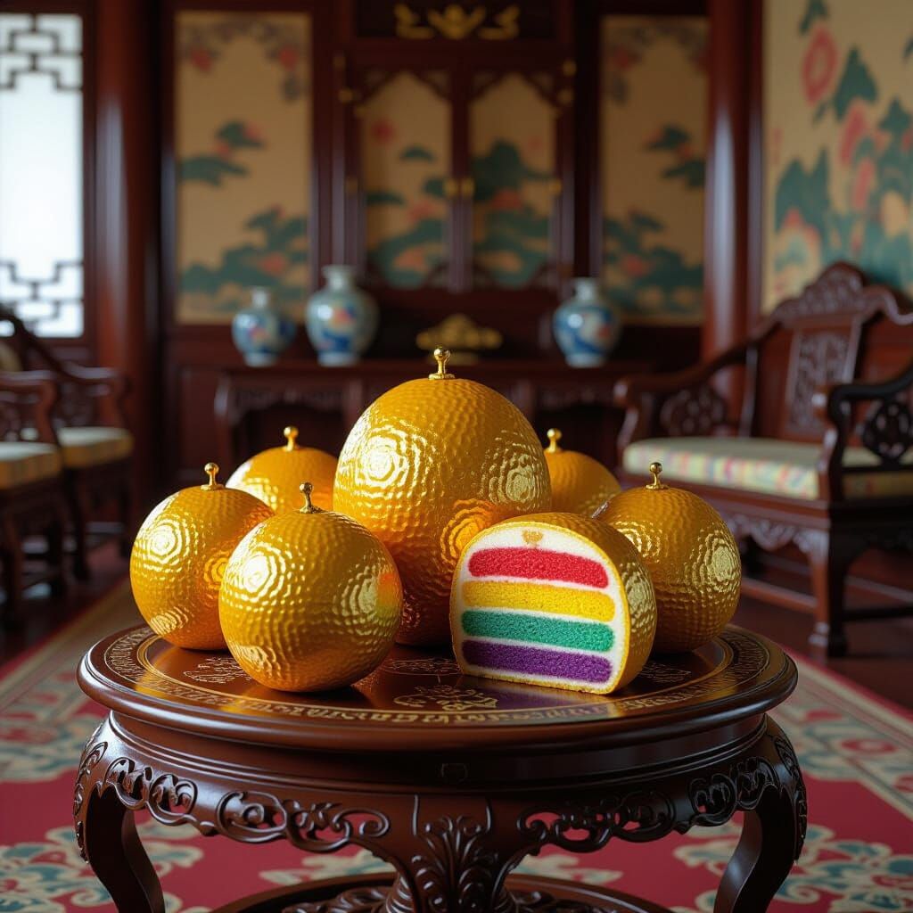 Golden Rainbow Cake Fruits in Chinese Setting