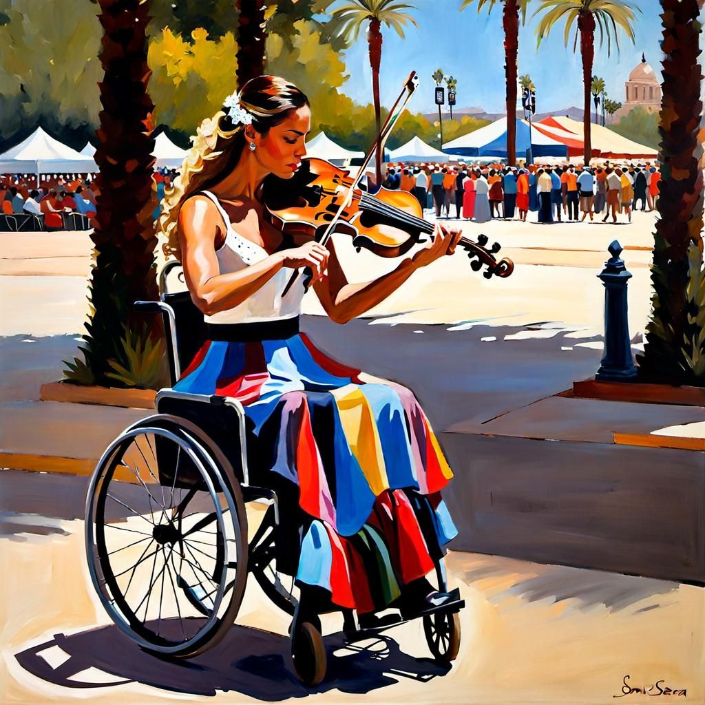 Girl in Wheelchair Plays Violin: Oil Painting