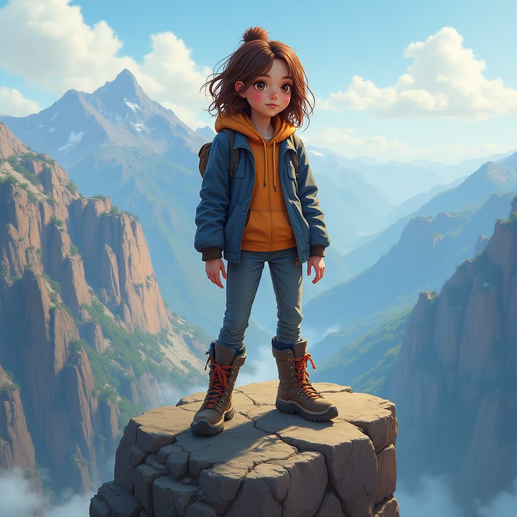 Ambitious Girl on Mountain Cliff, Digital Art