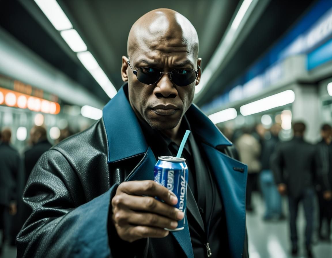 Morpheus Portrait in Metro Station, Hyperrealistic Photo