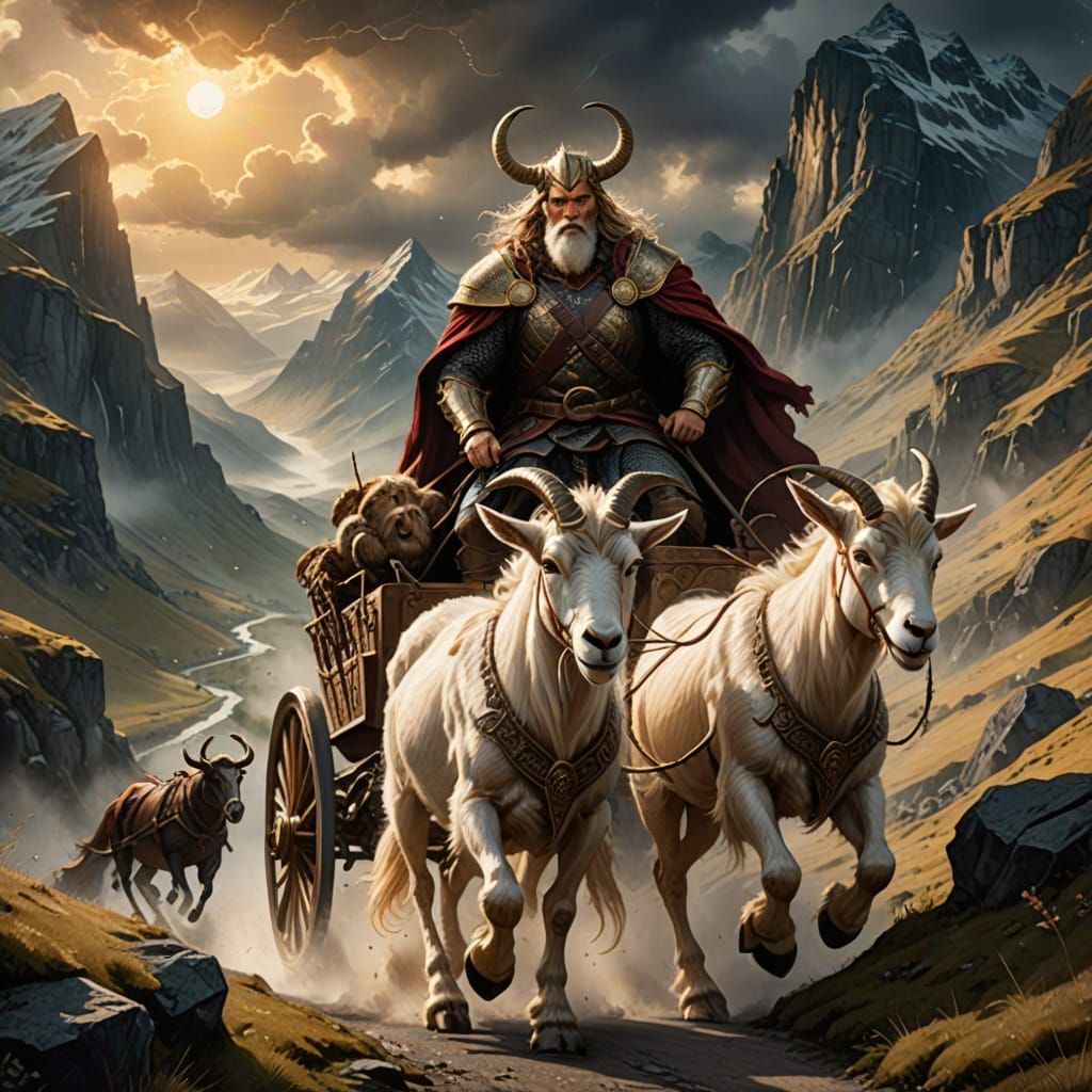 Tor Riding a Goat-Drawn Carriage Through a Stormy Mountain P...