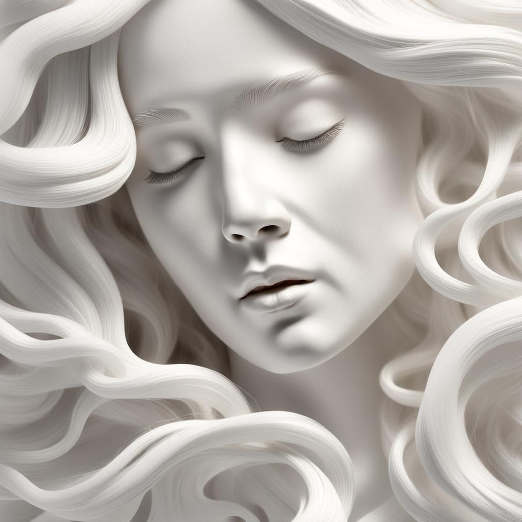 white study of female face with long curly white hair 3D soft light white background close up