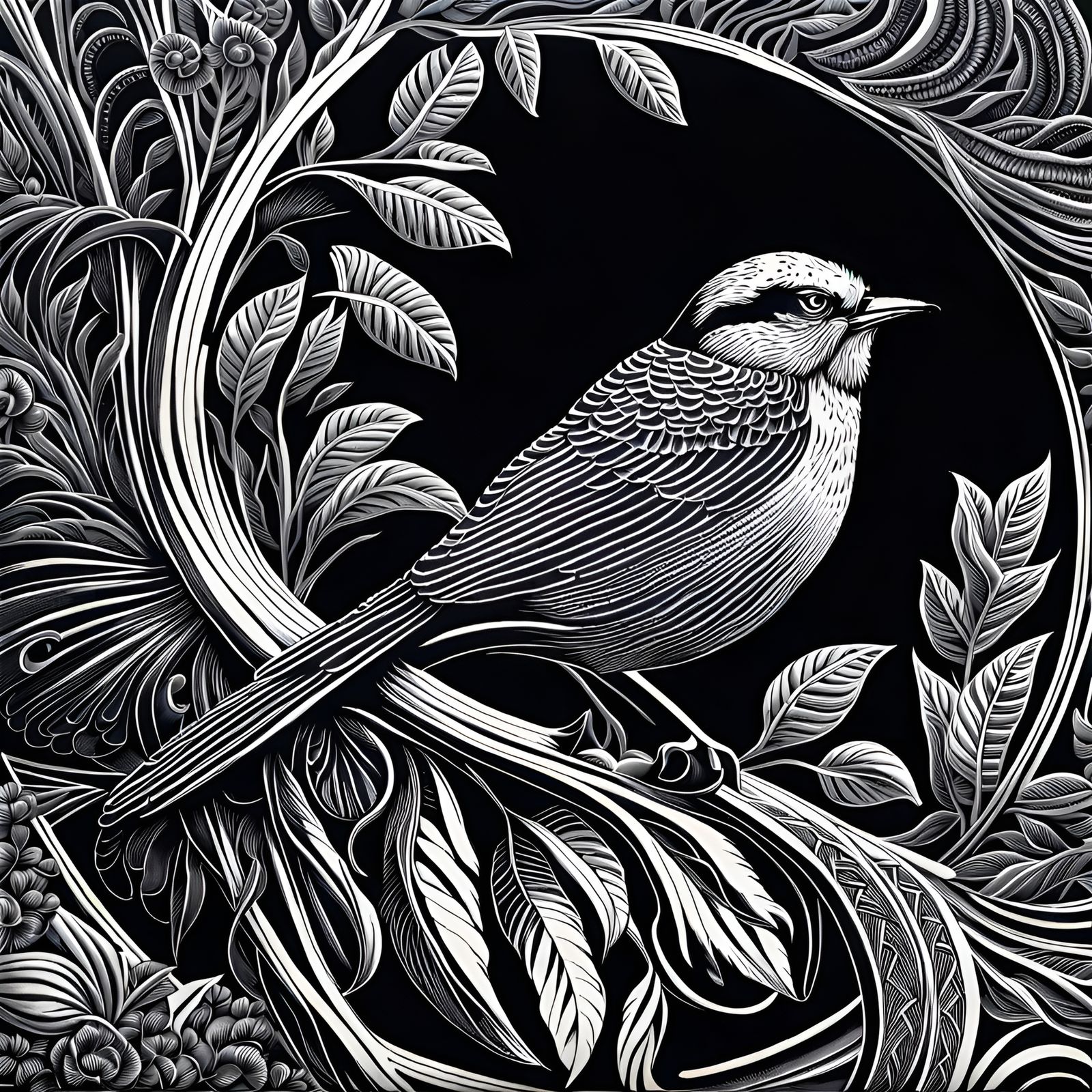 Detailed Black and White Linocut Bird