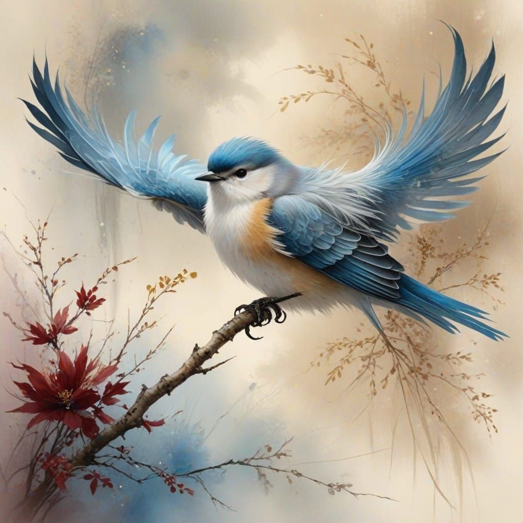 Fluffy Bird in Chinese Landscape Painting