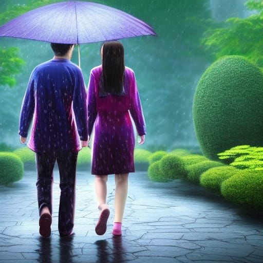 A young couple walking hand in hand in the rain.