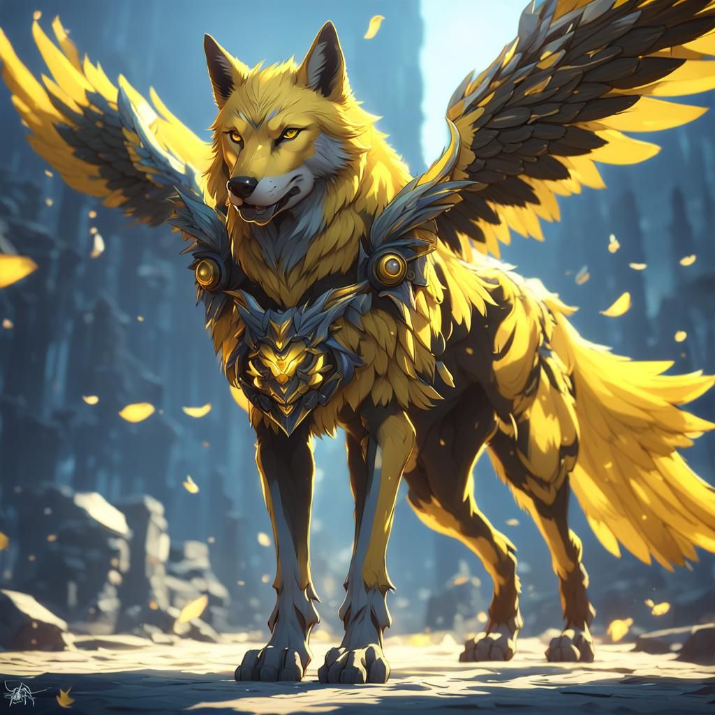 Winged Yellow Wolf in 3D Anime Art
