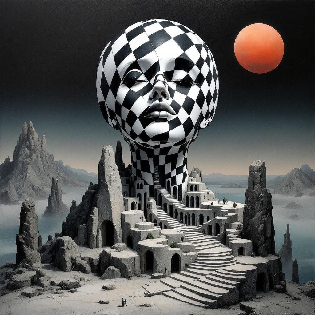 Abstract Surrealist Sculpture in Chiaroscuro Landscape