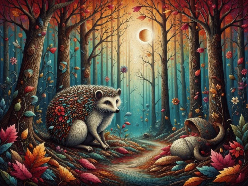 Ethereal Autumn Hedgehog in Luminous Forest