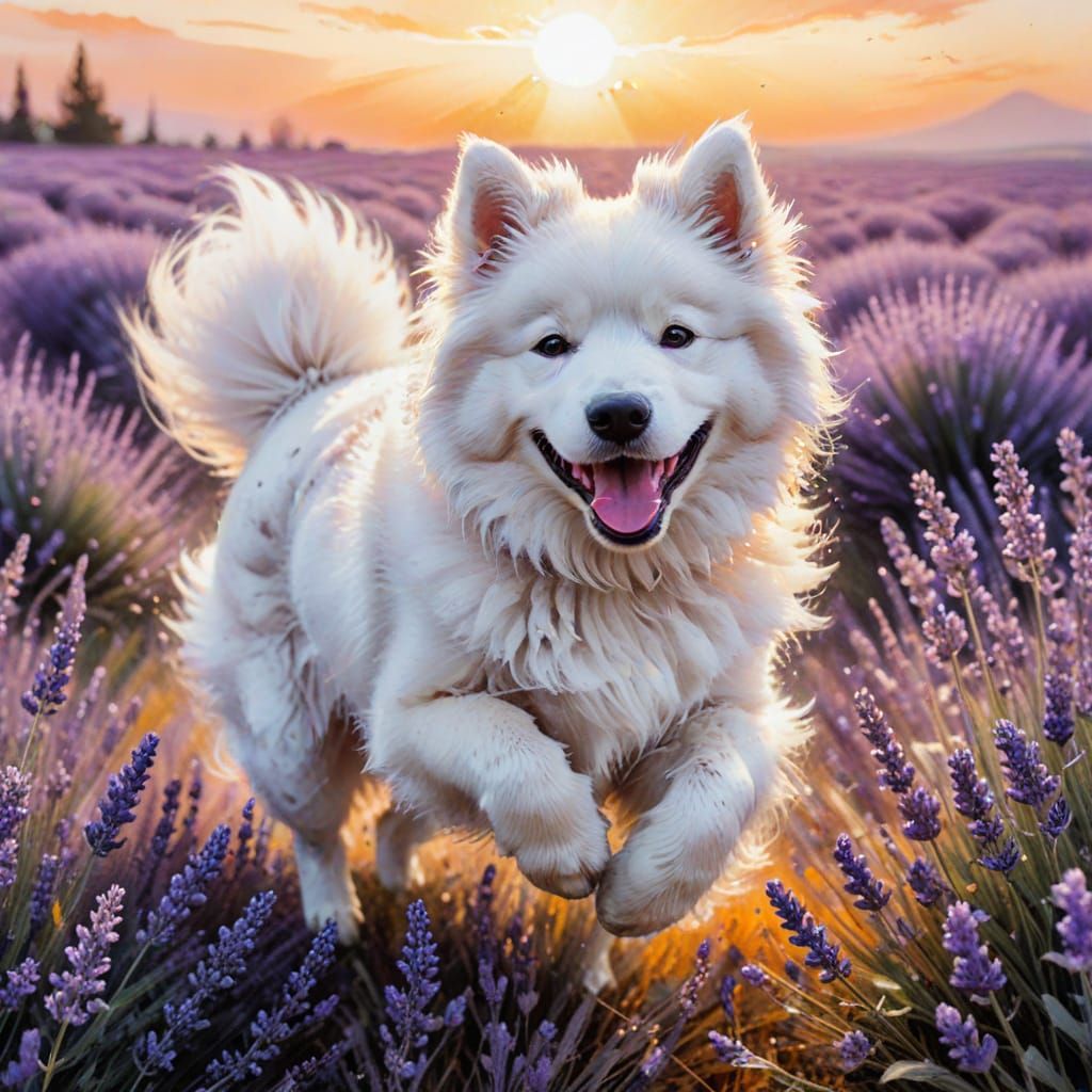 Samoyed in Lavender Field: Wet-on-Wet Watercolour