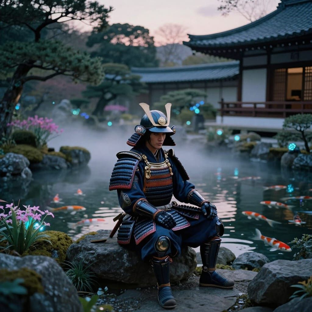 Futuristic Samurai by Koi Pond in Mystical Garden