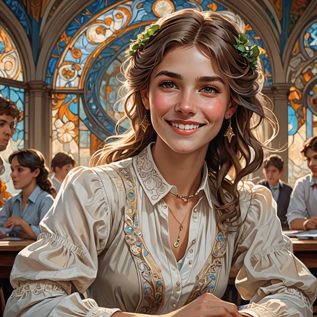 Smiling Teacher Portrait in Art Nouveau Style