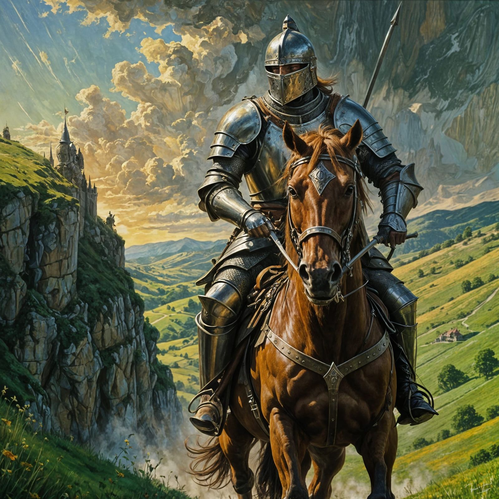 Armored Knight on Horseback: Fantasy Oil Painting