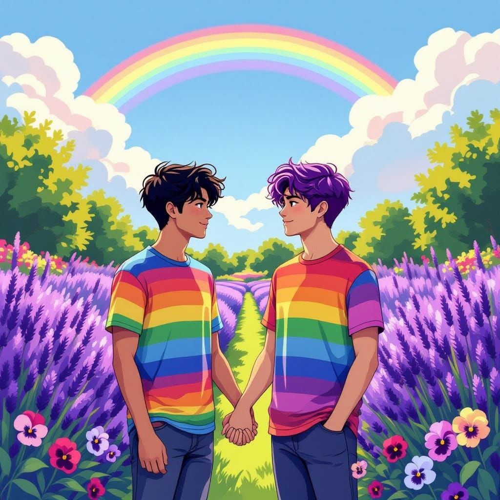 Men Holding Hands in Vibrant Garden Under Rainbow