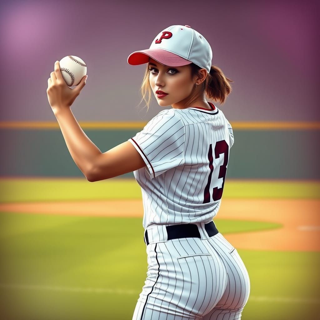 airbrushed full body female pin-up throwing baseball on baseball field. Wears form-fitting baseball uniform and backward...