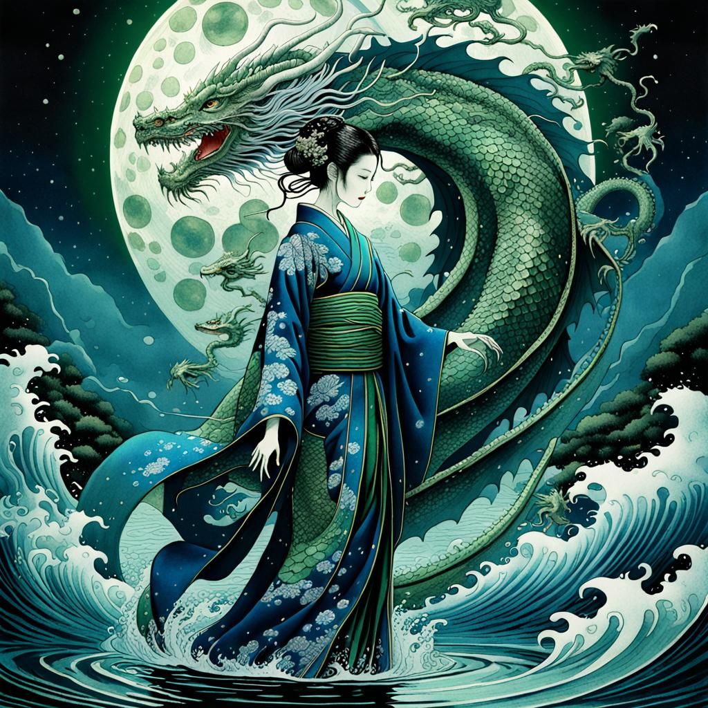 Woman and Dragon in Yoshitaka Amano Style