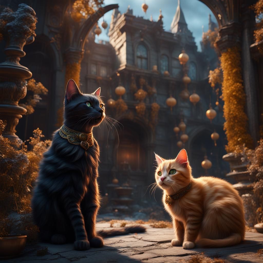 Fantastical Cats in Detailed Matte Painting Style