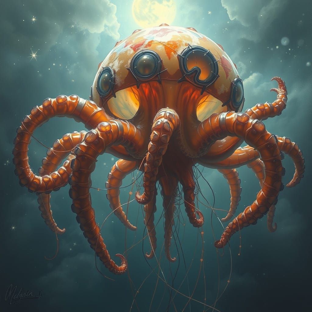 Abandoned Cityscape with a Giant Octopus in the Sky, in a Da...