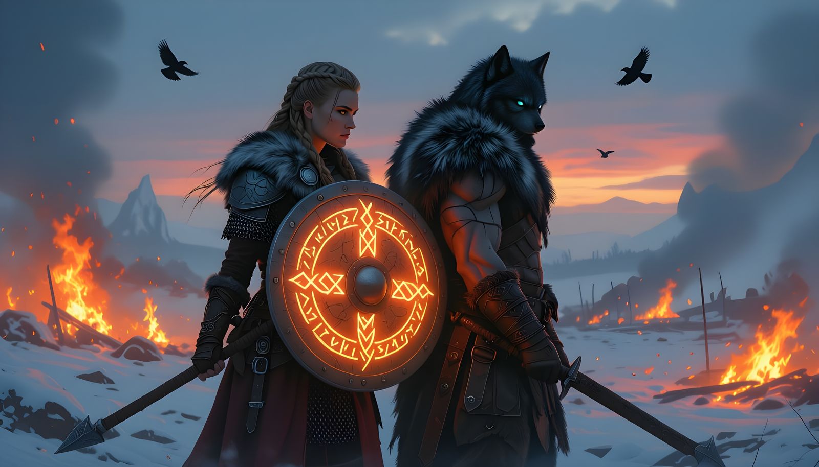 Nordic Warriors Stand United on Burning Battlefield