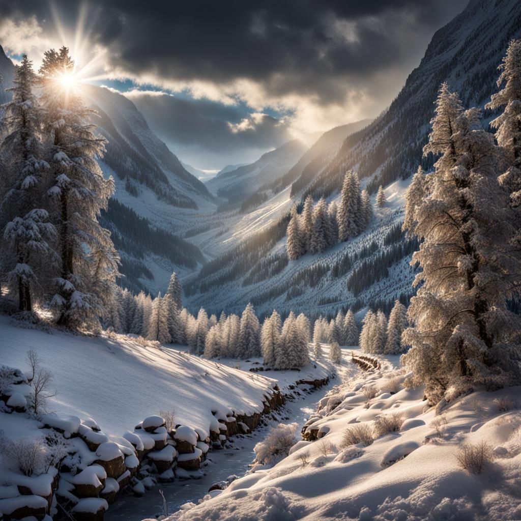 Elven Valley: Sun and Snow in Hyperrealistic Detail