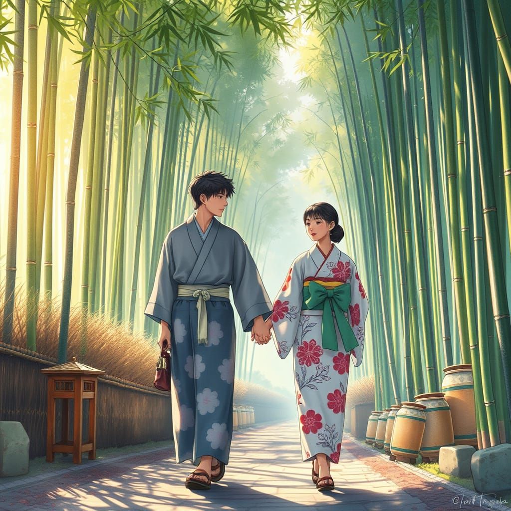 Japanese Couple in Bamboo Forest, Watercolor Style