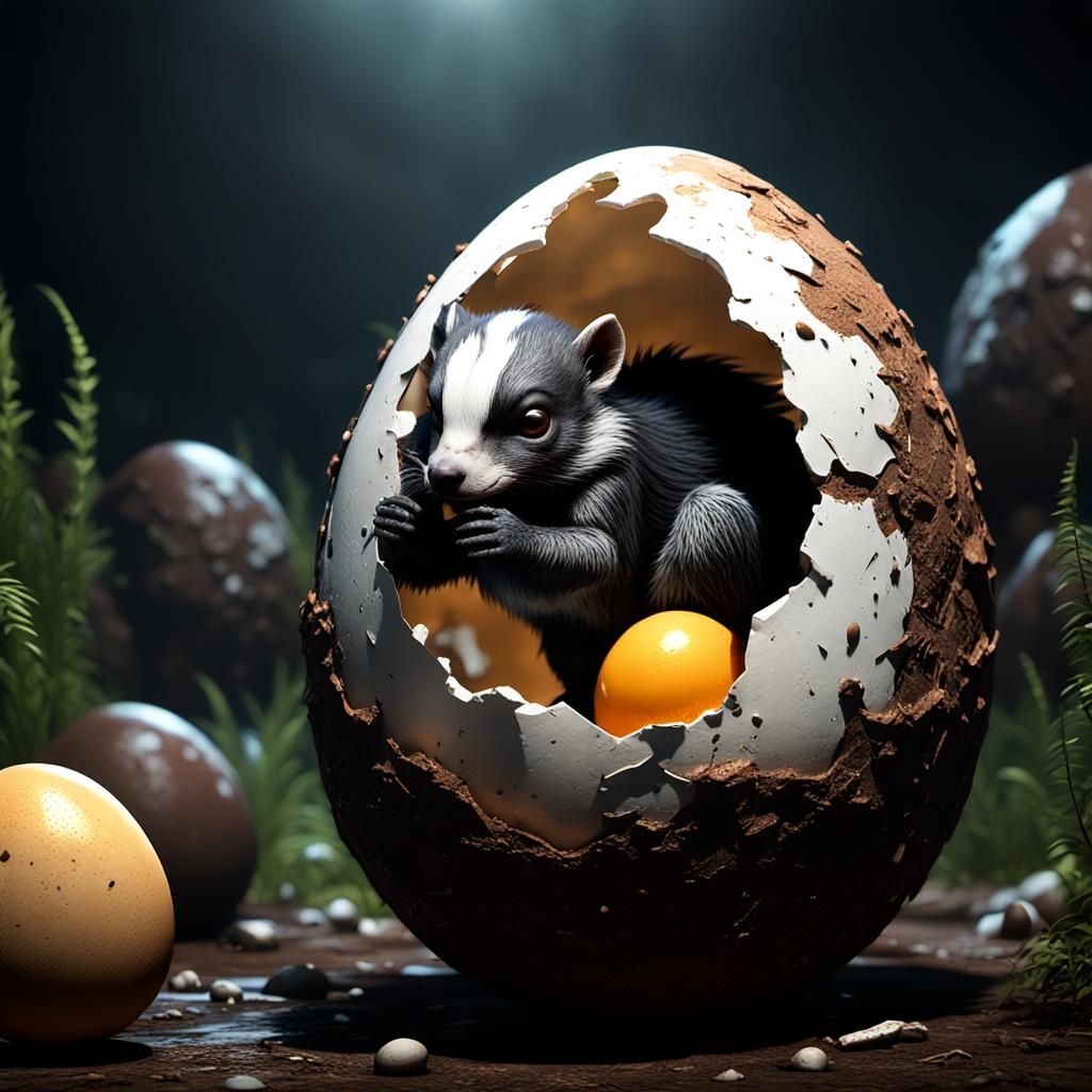 dirty mean old rotten  broken egg smelling up skunk tail ,giant egg,real detailed  textures ,unreal engine 5 ,128 bit gr...