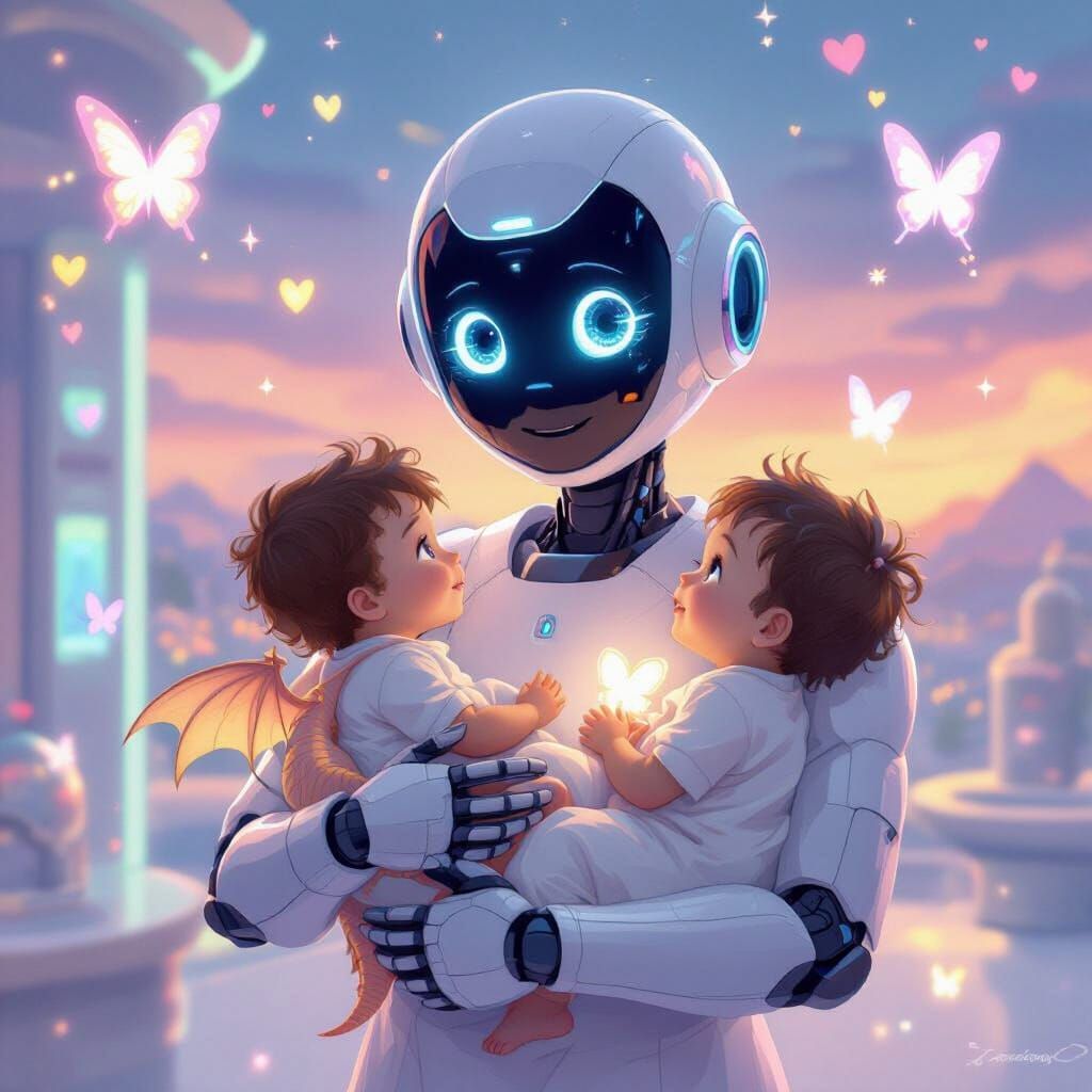 Anime Robot Nurse Cradles Children in Clinic