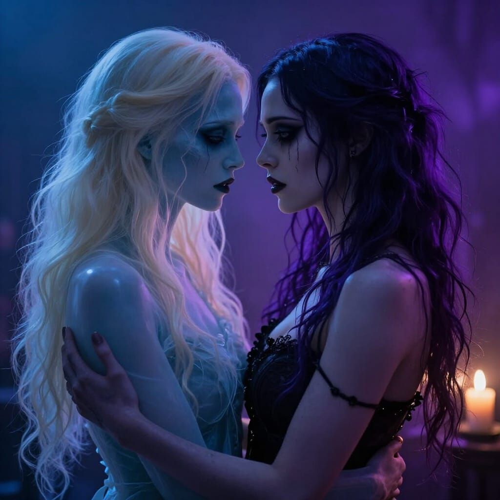 Goth Woman Gazes at Ghostly Lover in Candlelight