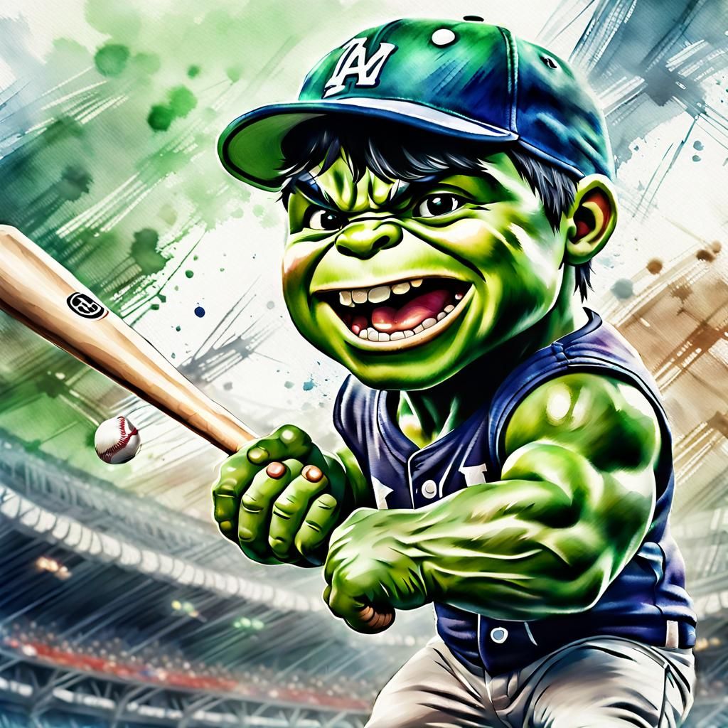 "A close up of an adorable baby hulk playing baseball and holding a baseball bat wearing baseball cap reimagined as digi...