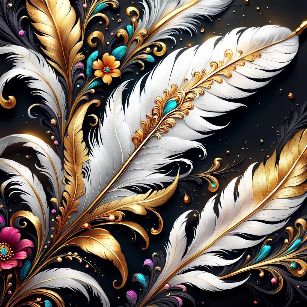 Ornate White Feather with Golden Floral Decorations