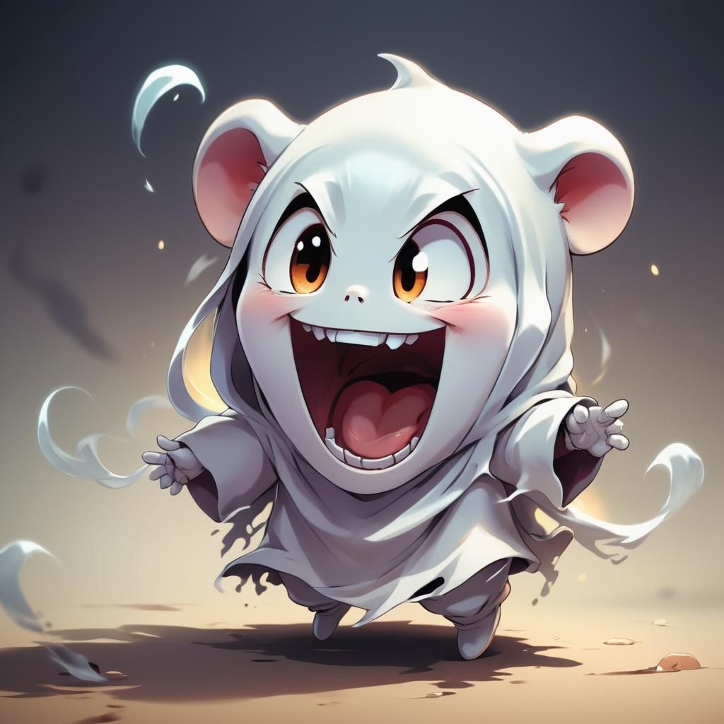 Cute Chibi Ghost Scares Mouse in Anime Style