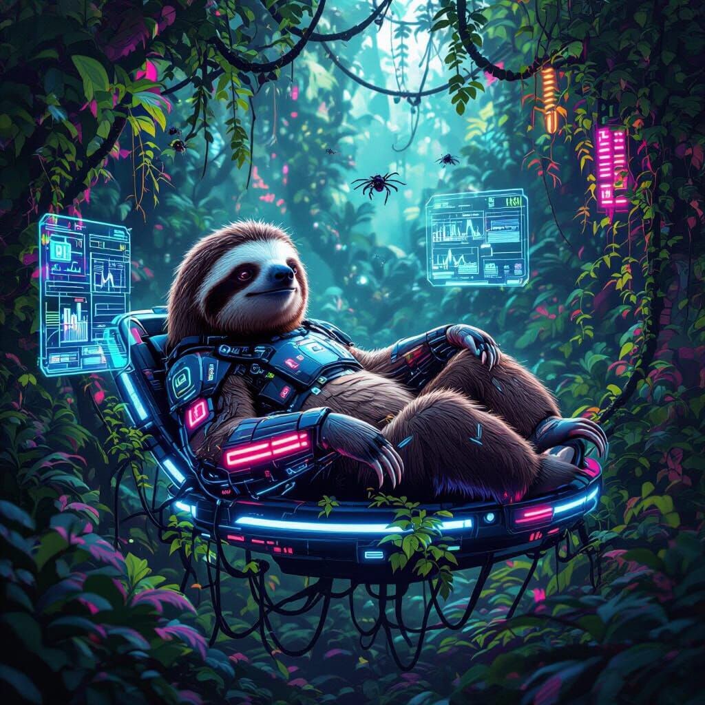 Cyberpunk Sloth on Bio-Tech Charging Station