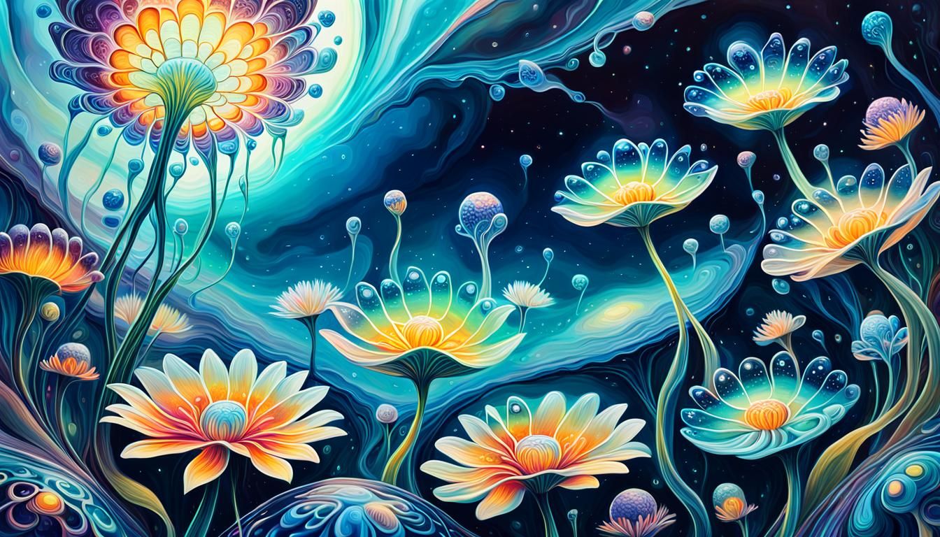Bioluminescent Alien Flowers on Crystal Planet as Surreal Oi...
