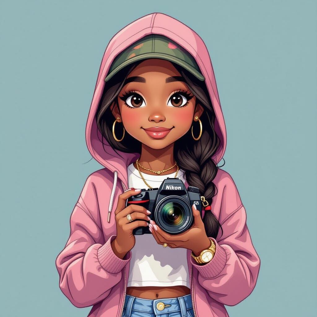Nigerian Girl with Camera in Cartoon Style