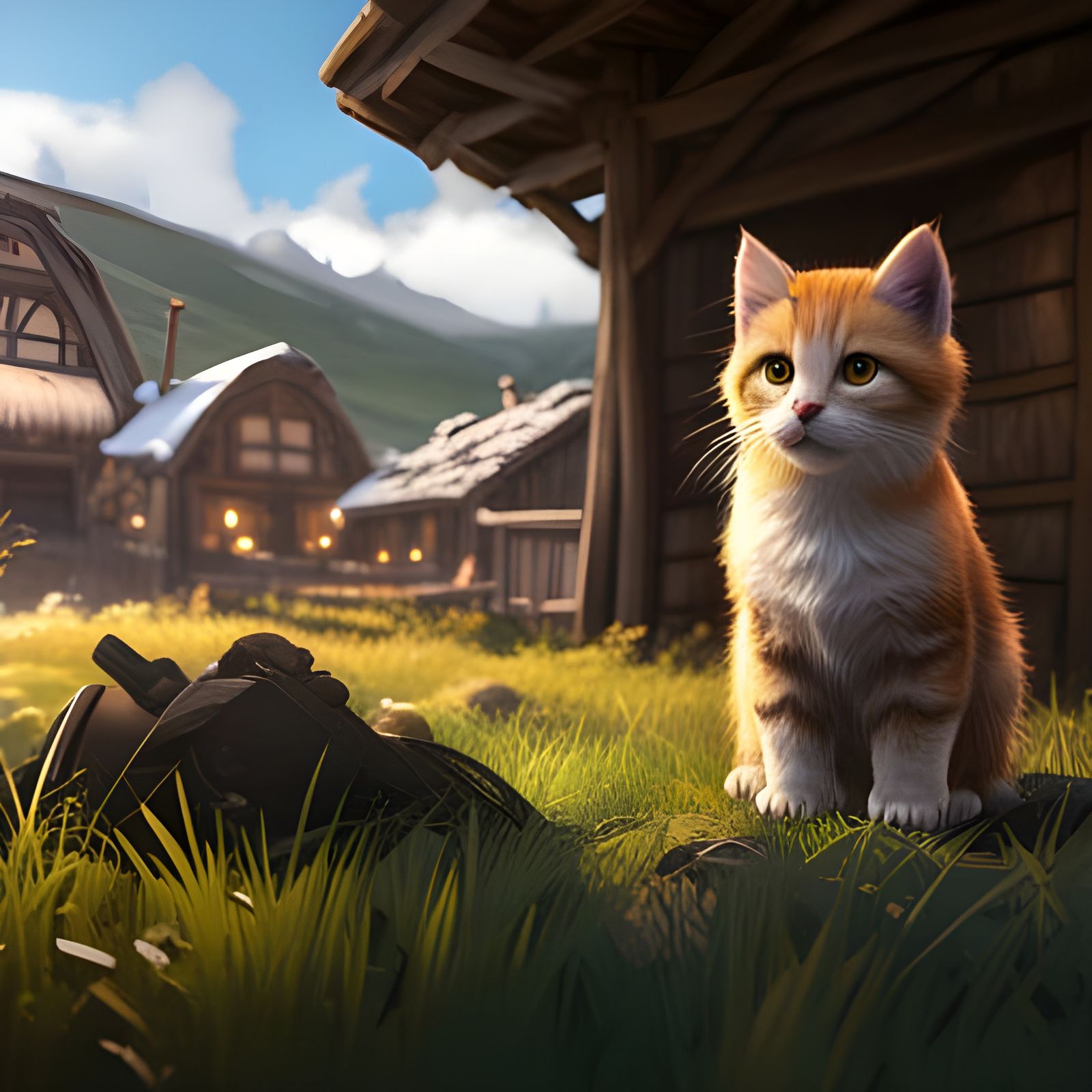 Hyperrealistic Kitten in Mountain Village Scene