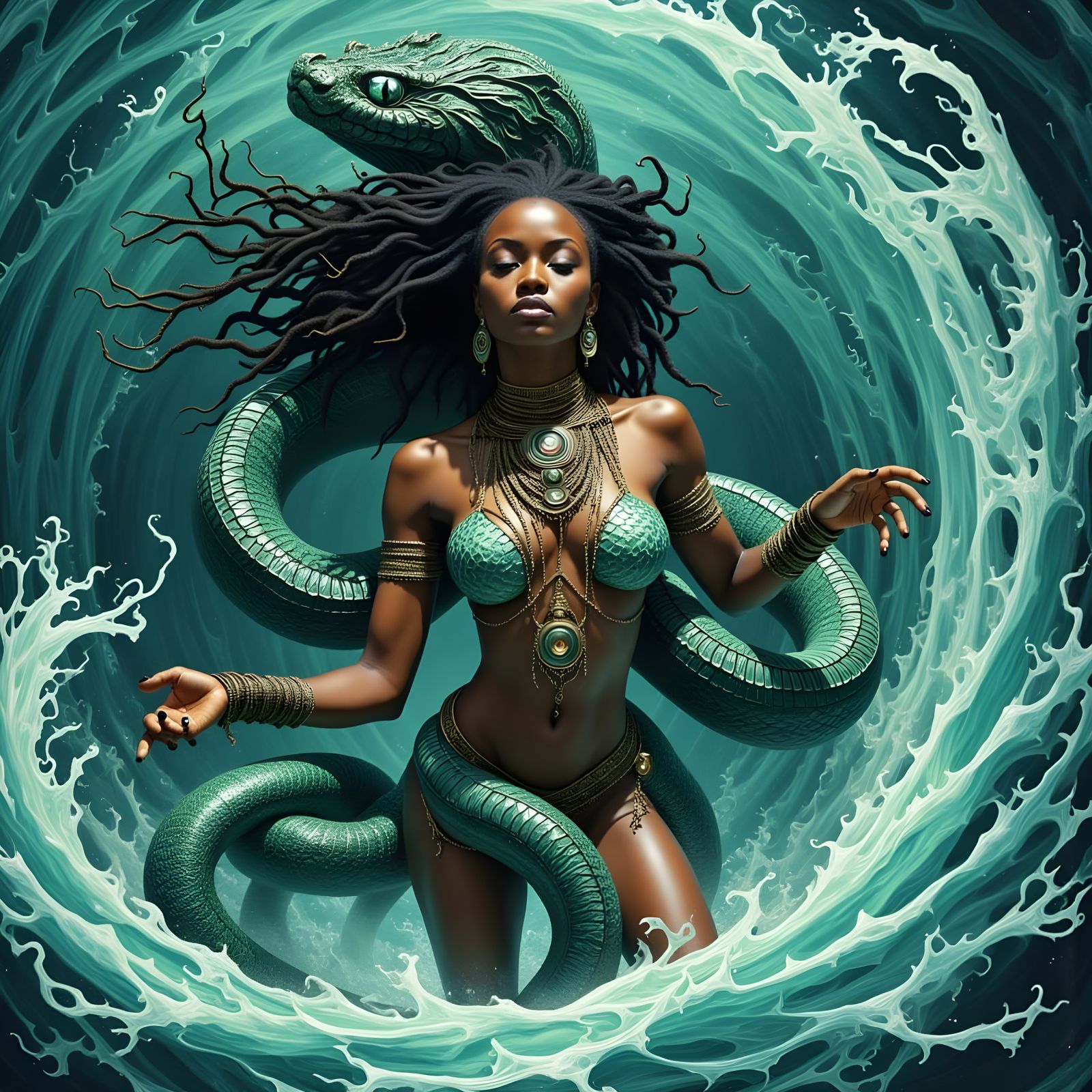 African Goddess Emerges from Turquoise Vortex in Matte Paint...