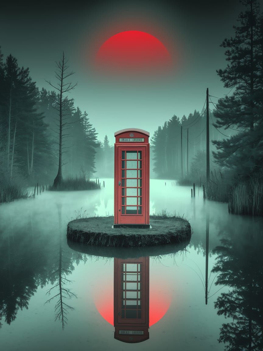 Ethereal Swamp Scene with Red Phone Booth