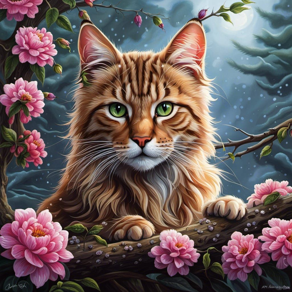 Cat on Branch in Flower Storm Painting