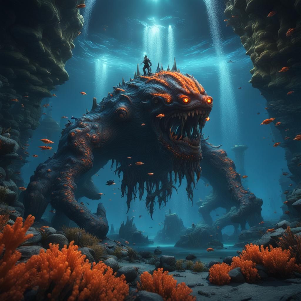 Monster in a Vulcan under water landscape, arri camera, fstop 1.8, cinematic light blue orange , dramatic contrast