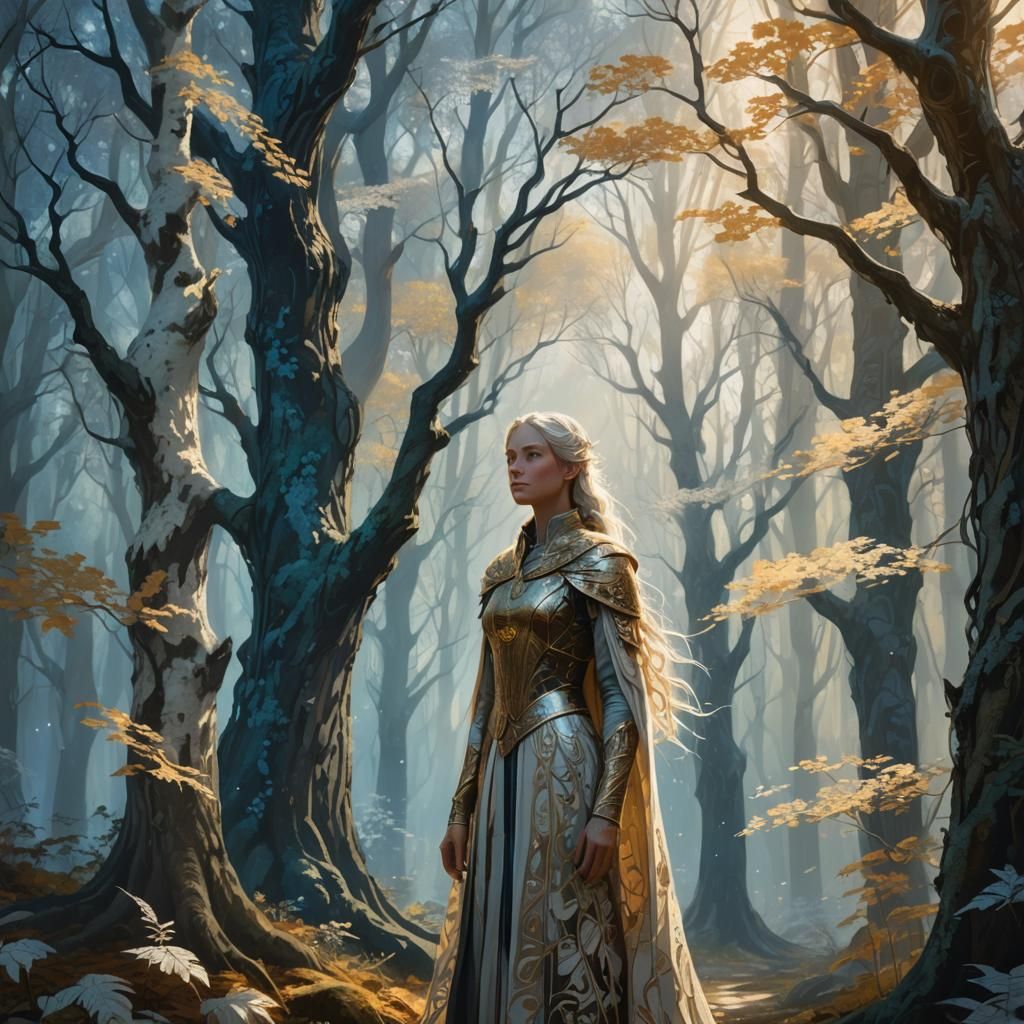 Mystical Woman in Glowing White Forest